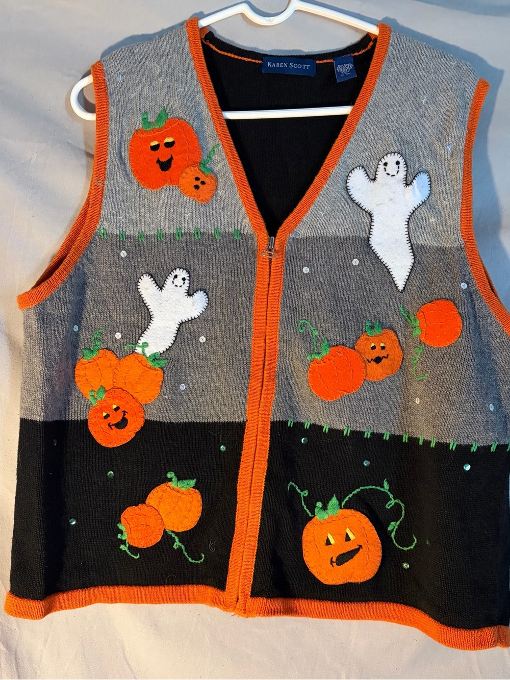 Vintage Karen Scott Halloween Pumpkin & Ghost Knit Vest - Orange/Gray/Black L